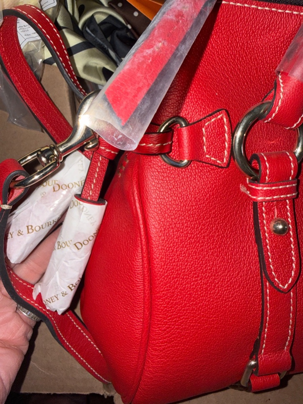 Dooney & Bourke Red Leather Satchel Handbag w/ Gold Accents - Picture 5 of 7